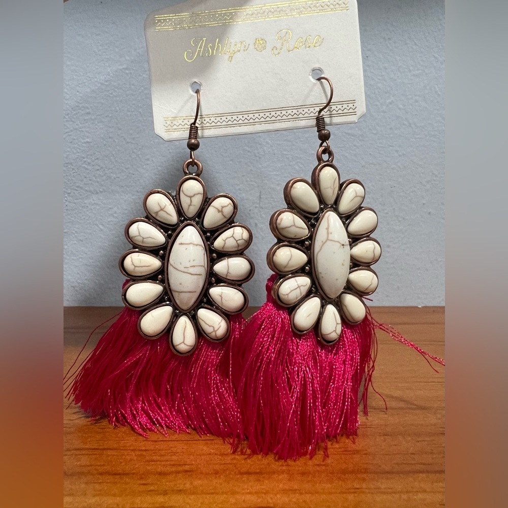 ASHLYN & ROSE White Stone Concho Hot Pink Tassel Thread Boho Hook Earrings NEW
